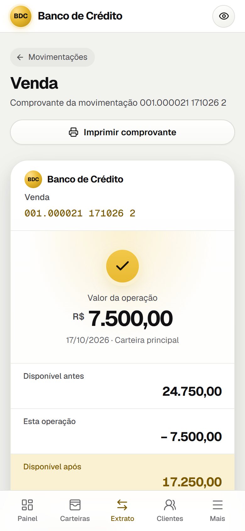 Comprovante de uma venda de R$ 7.500,00 aberto no celular