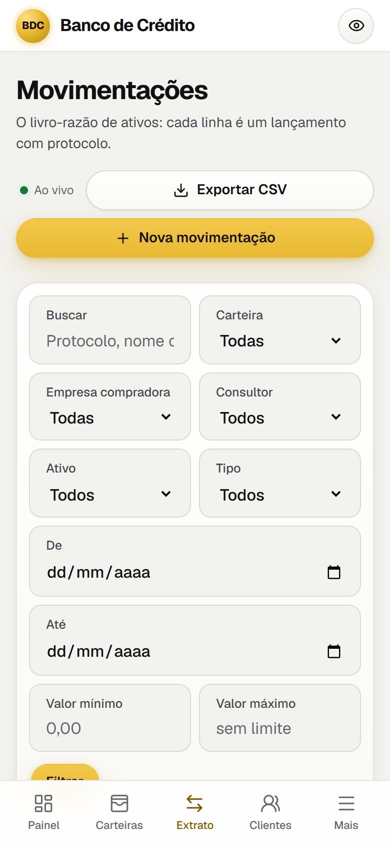Extrato de movimentações aberto no celular