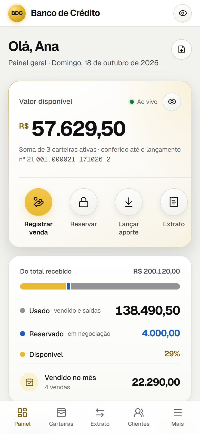 Painel no celular, com a barra de abas embaixo