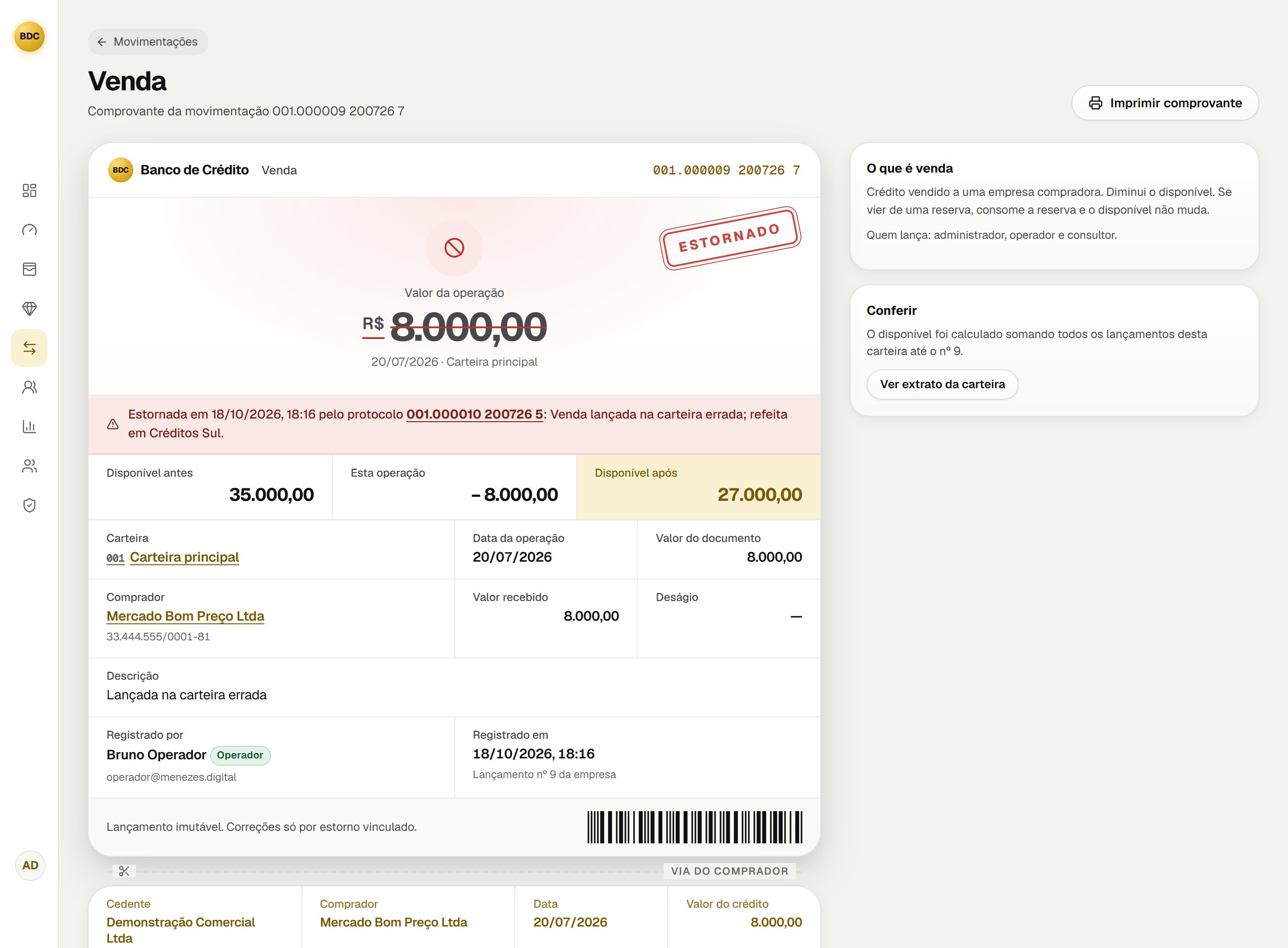 Comprovante de uma venda estornada, com o carimbo ESTORNADO, o valor riscado e o saldo antes e depois