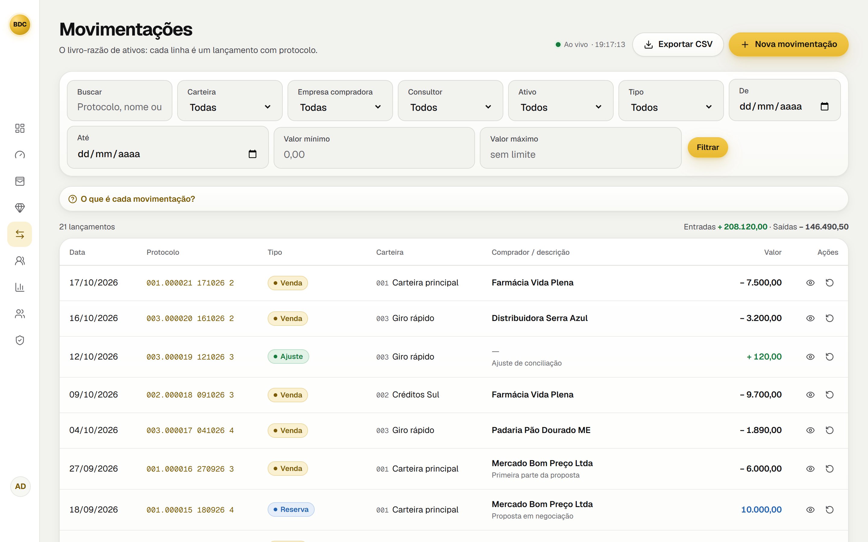 Extrato de movimentações com filtros, tipos de lançamento e valores