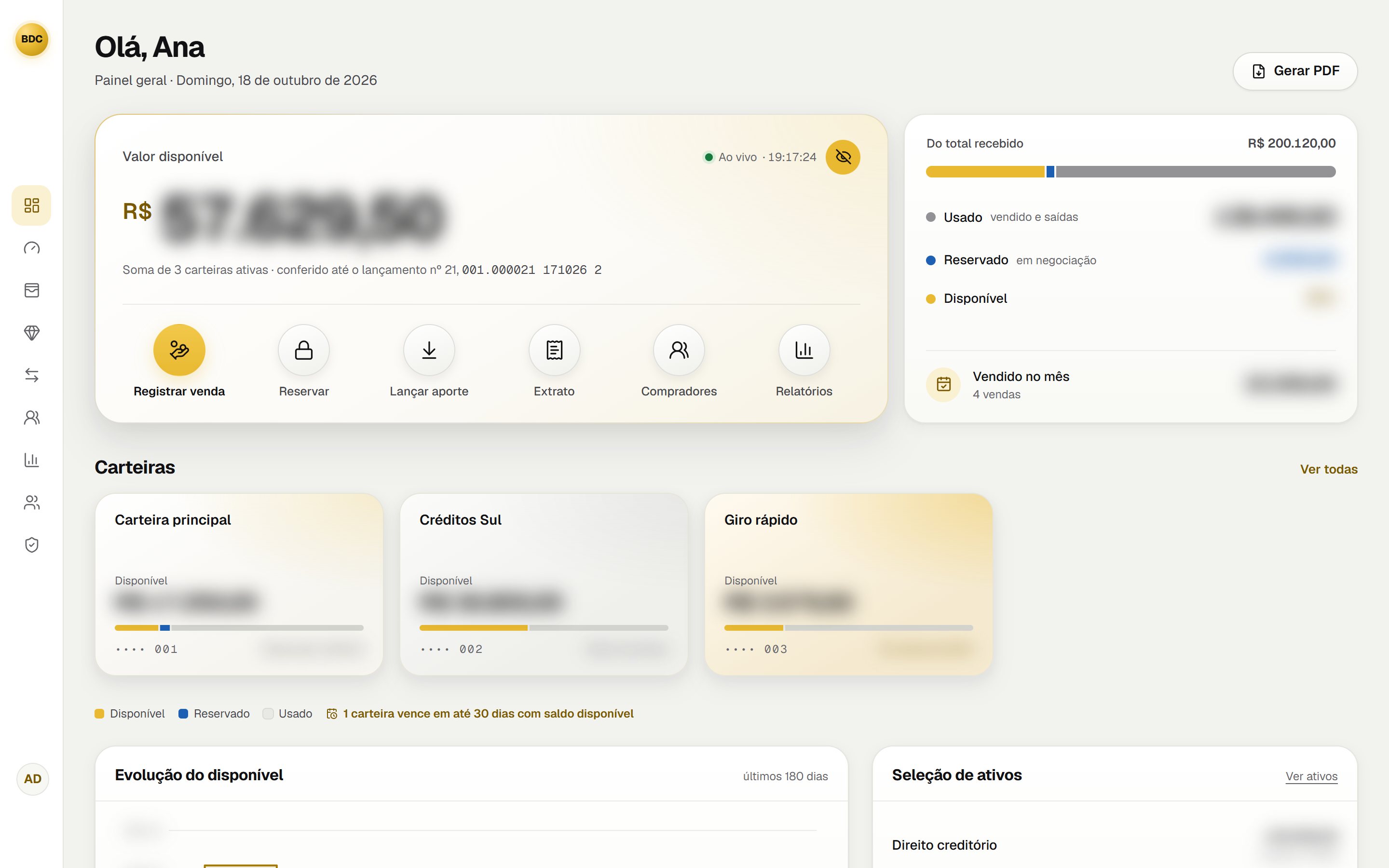 Painel com todos os valores borrados pelo botão de ocultar